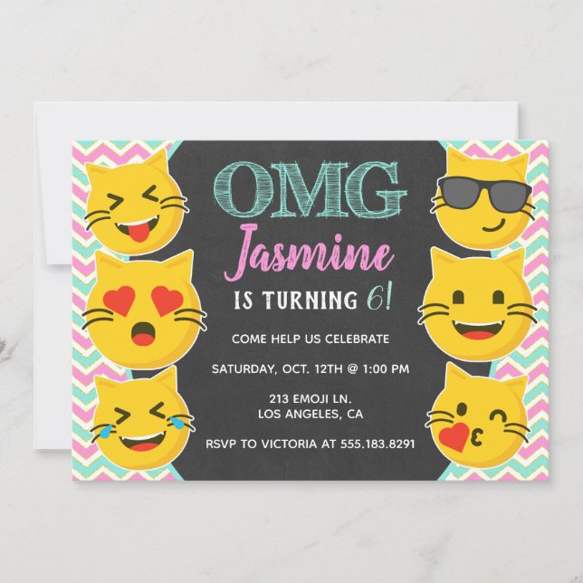 OMG Cat Emoji Girl's Birthday Invitation (Front)