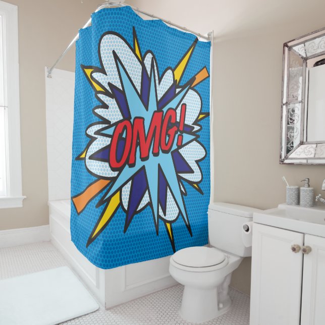 OMG Fun Retro Comic Book Pop Art Shower Curtain (In Situ)