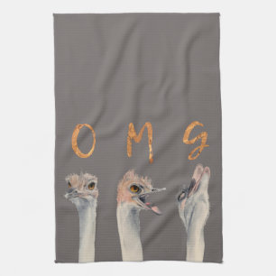 OMG Funny Ostriches Watercolor Illustration Tea Towel