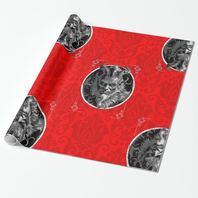 ominous christmas krampus red damask wrapping paper (Unrolled)