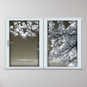 Ominous White Tree Blossoms Faux Window Illusion  Poster