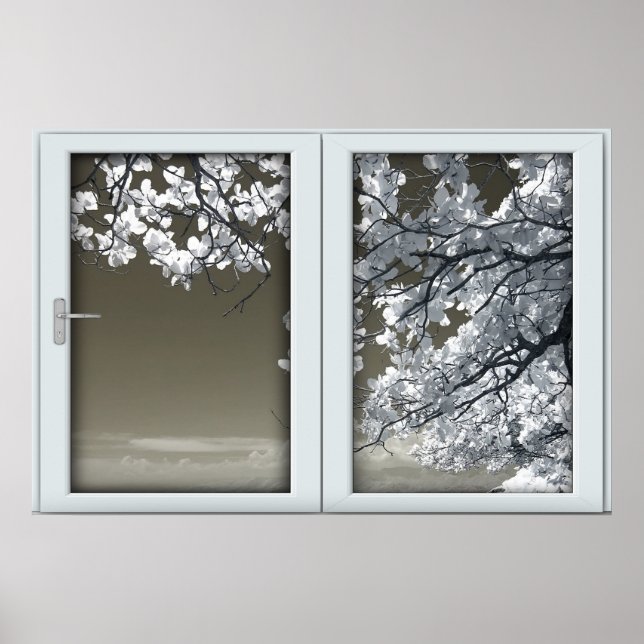 Ominous White Tree Blossoms Faux Window Illusion  Poster (Front)