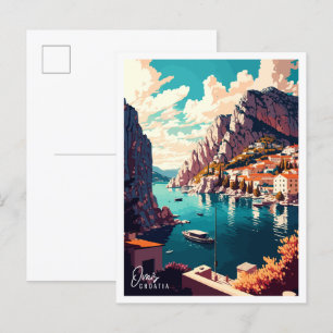 Omis Croatia vintage travel illustration Postcard