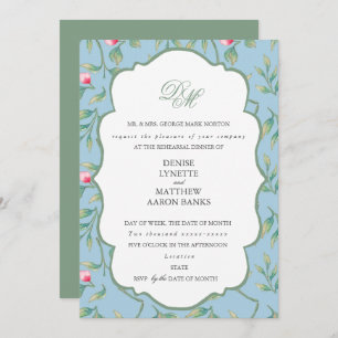 Omphalodes Blue and Basil Green Rehearsal Dinner Invitation