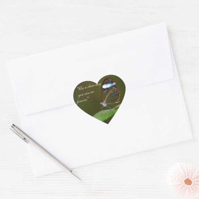 "On a Clear Day" Glasswing Butterfly Design Heart Sticker (Envelope)