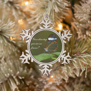 "On a Clear Day" Glasswing Butterfly Design Snowflake Pewter Christmas Ornament