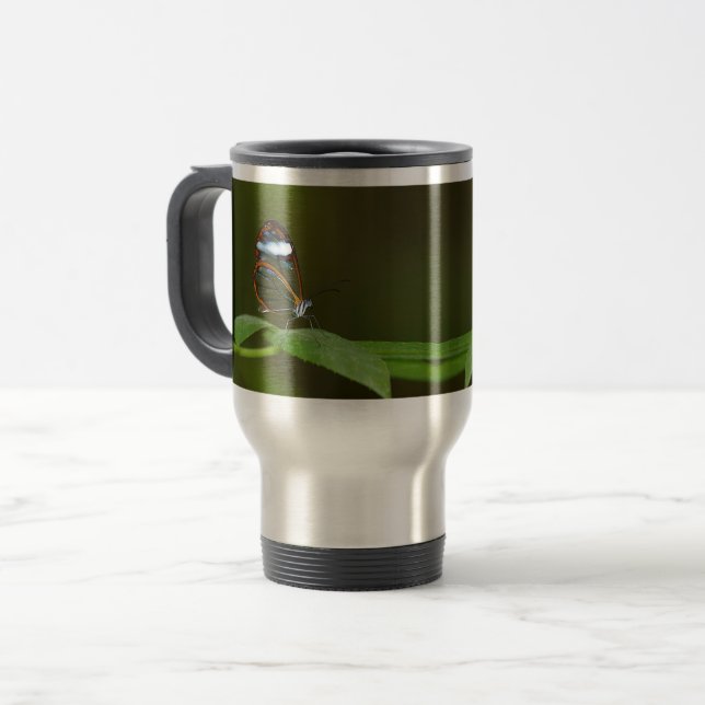 "On a Clear Day" Glasswing Butterfly Design Travel Mug (Front Left)