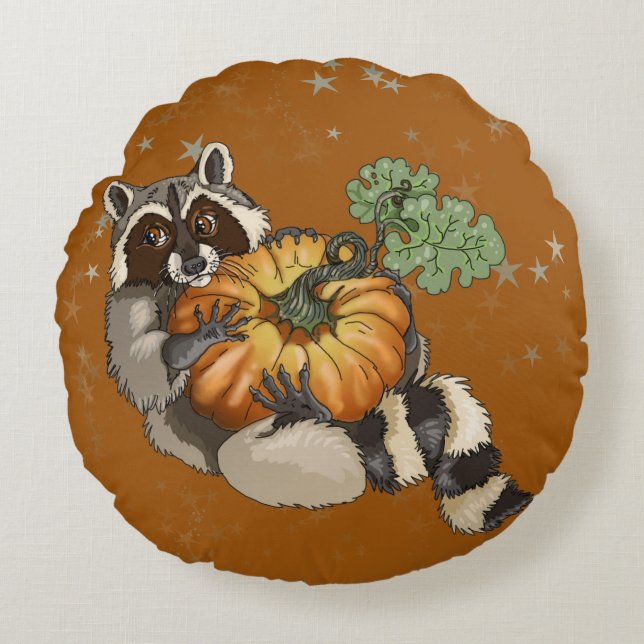 On a Roll Racoon Pumpkin Autumn Round Cushion (Front)