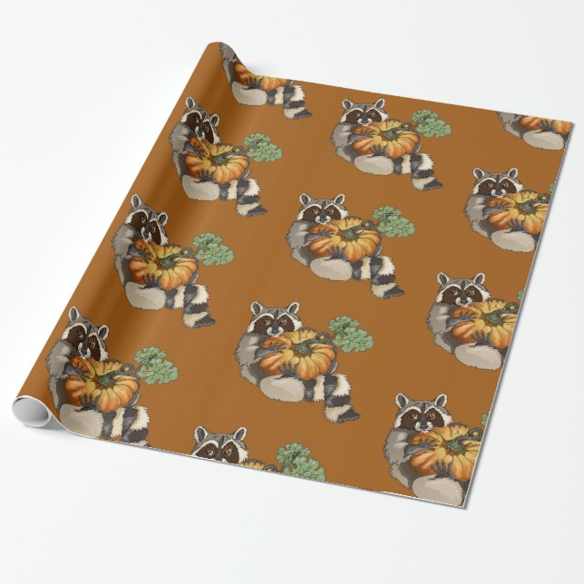 On a Roll Racoon Pumpkin Autumn Wrapping Paper (Unrolled)