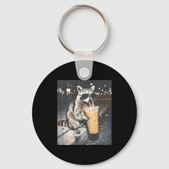 (on back) racoon drinking iced coffee funny anima key ring (Front)