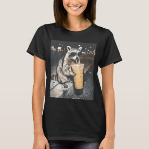 (on back) racoon drinking iced coffee funny anima T-Shirt