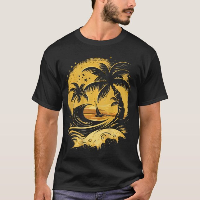 ON BACK Tropical Palm Trees Sailboat Beach Island  T-Shirt (Front)