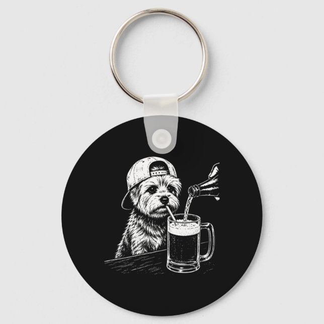 On Back Yorkie Drinking Beer Funny Dog Meme Retro Key Ring (Front)