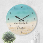 On Beach Time (Customisable!) Coastal Beach Photo Large Clock<br><div class="desc">Easily personalise Nautical Boutique Co.'s  pretty "On Beach Time" coastal beach photo clock,  featuring an aqua ocean and sandy beach picture,  with another short phrase,  if desired. Perfect for your coastal decor room makeover or beach cottage! #DIY #Coastal #Decor #Beach  #BeachTime</div>