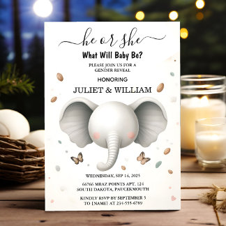 On Big Zoo Baby White Elephant Birth Gender Reveal Invitation