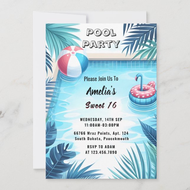On Boy Fun Teen Adult Pool Party Sweet 16 Birthday Invitation (Front)