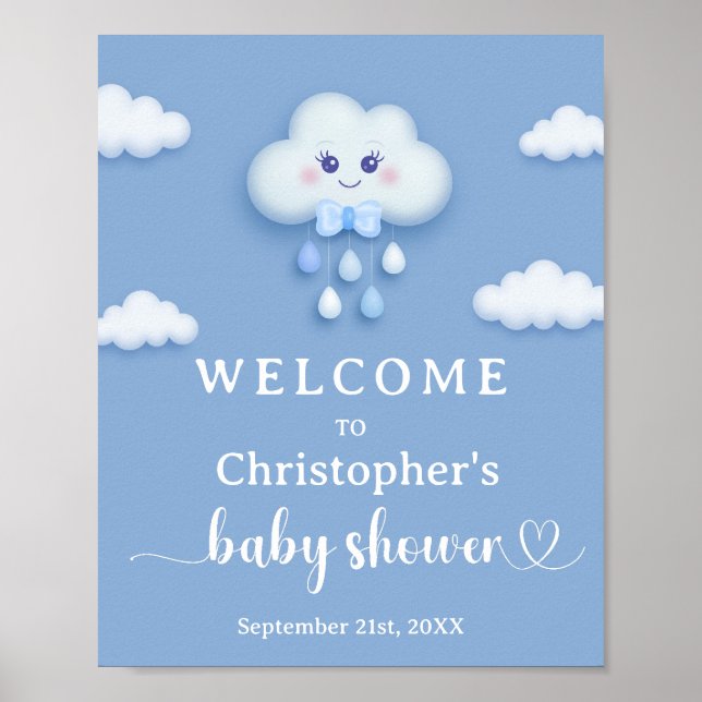 On Cloud 9 cute Blue Boy Baby Shower welcome sign (Front)