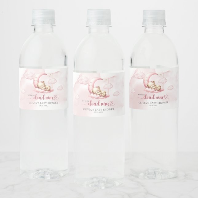 On Cloud 9 cute Pink Girl Baby Shower Water Bottle Label (Bottles)