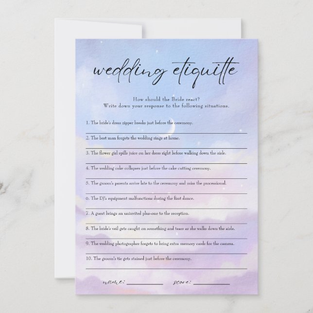 On Cloud 9 Etiquette 911 Bridal Shower Game Card (Front)