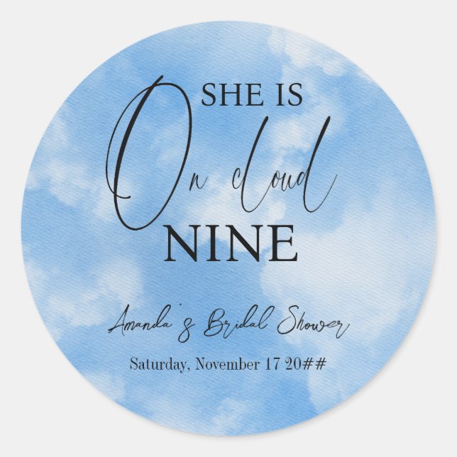On Cloud Nine 9 Calligraphy Blue Bridal Shower Classic Round Sticker (Front)
