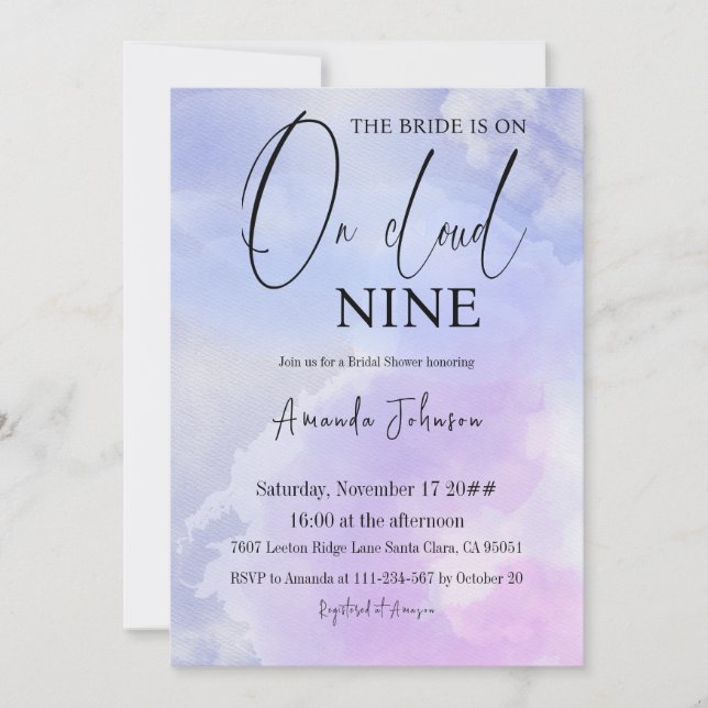 On Cloud Nine 9 Calligraphy Blue Bridal Shower Invitation (Front)
