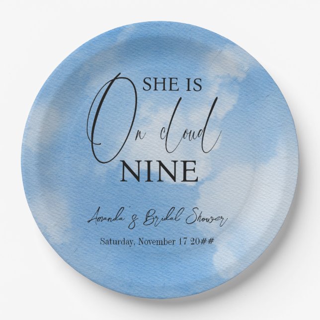 On Cloud Nine 9 Calligraphy Blue Bridal Shower Paper Plate (Front)