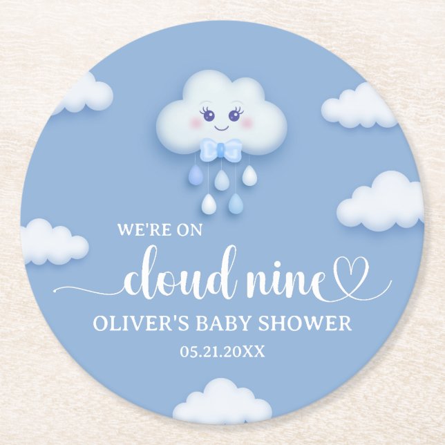 On Cloud Nine Modern Blue Boy Baby Shower  Round Paper Coaster (Front)