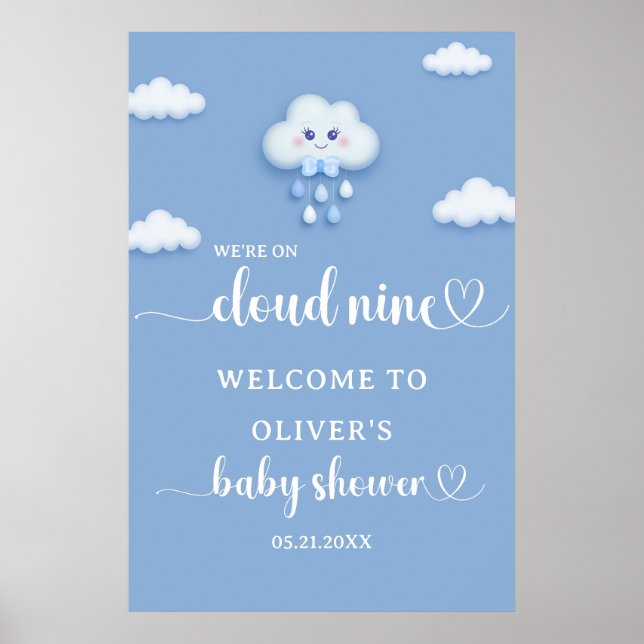 On Cloud Nine Modern Boy Baby Shower Welcome Poster (Front)