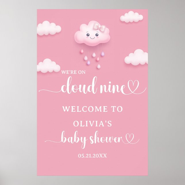 On Cloud Nine Modern Pink Baby Shower Welcome Poster (Front)