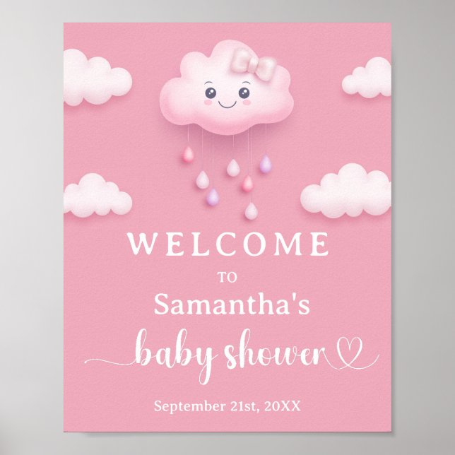 On Cloud Nine Modern Pink Girl Baby Shower welcome Poster (Front)
