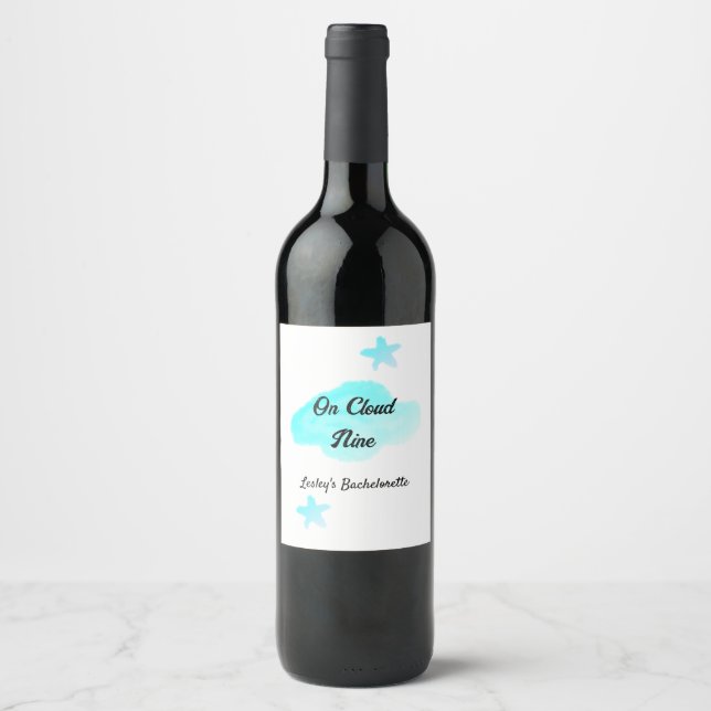 On Cloud nine pastel blue clouds star bachelorett Wine Label (Front)