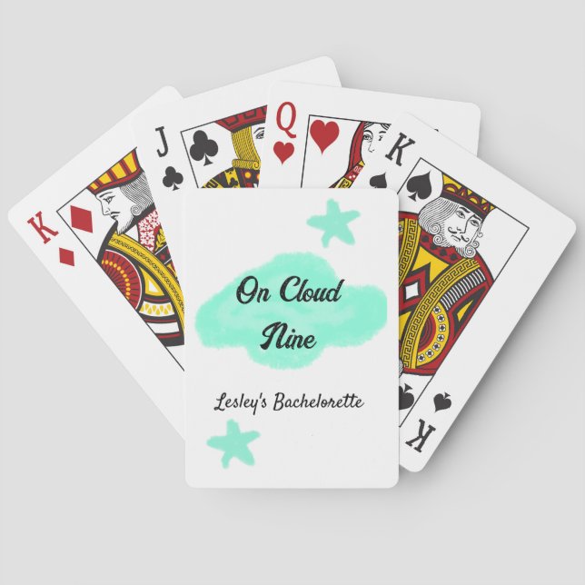 On Cloud nine pastel green clouds star bachelorett Playing Cards (Back)