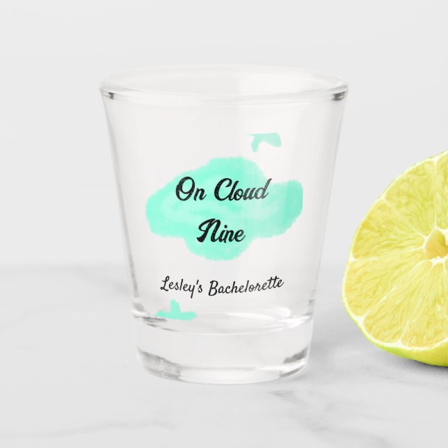 On Cloud nine pastel green clouds star bachelorett Shot Glass (Front)