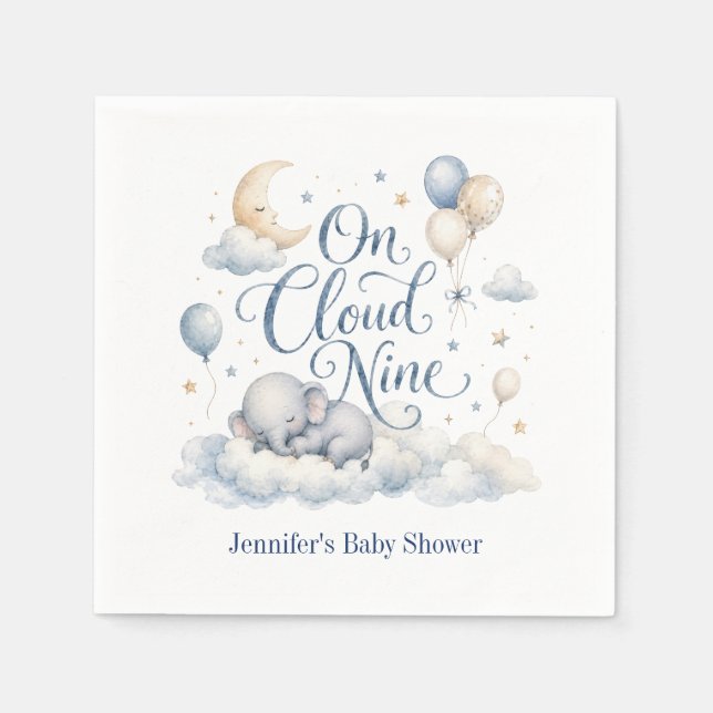 On Cloud Nine, Personalized Blue Elephant Moon Boy Napkin (Front)