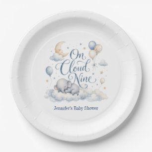 On Cloud Nine, Personalized Blue Elephant Moon Boy Paper Plate