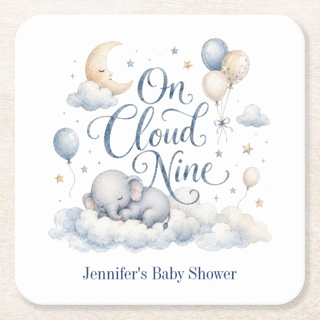On Cloud Nine, Personalized Blue Elephant Moon Boy Square Paper Coaster (Front)