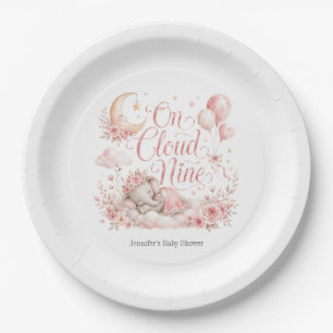 On Cloud Nine, Personalized Pink Elephant Moon Gir Paper Plate