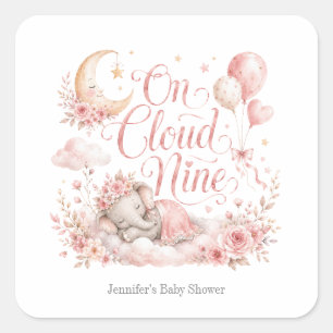 On Cloud Nine, Personalized Pink Elephant Moon Gir Square Sticker