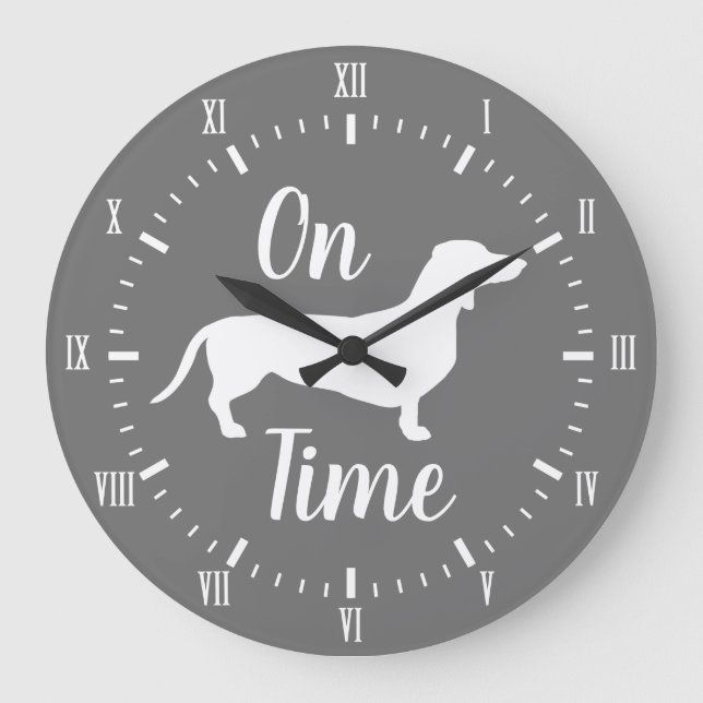 On Dachshund Time Grey & White Large Clock (Front)