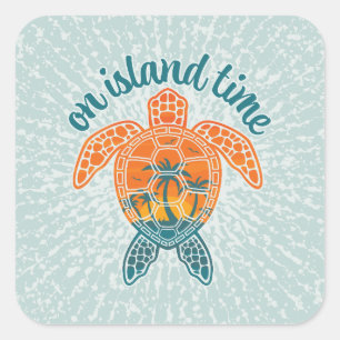 On Island Time Tropical Sunset Sea Turtle Design Square Sticker