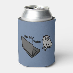 On My Puter Funny Computer Grey Cat Meme Can Cooler
