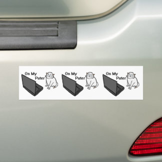 On My Puter Funny Computer White Cat Meme Bumper Sticker