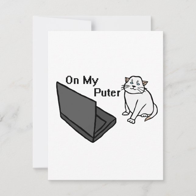 On My Puter Funny Computer White Cat Meme Card (Front)