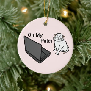 On My Puter Funny Computer White Cat Meme Ceramic Tree Decoration