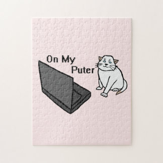 On My Puter Funny Computer White Cat Meme Jigsaw Puzzle