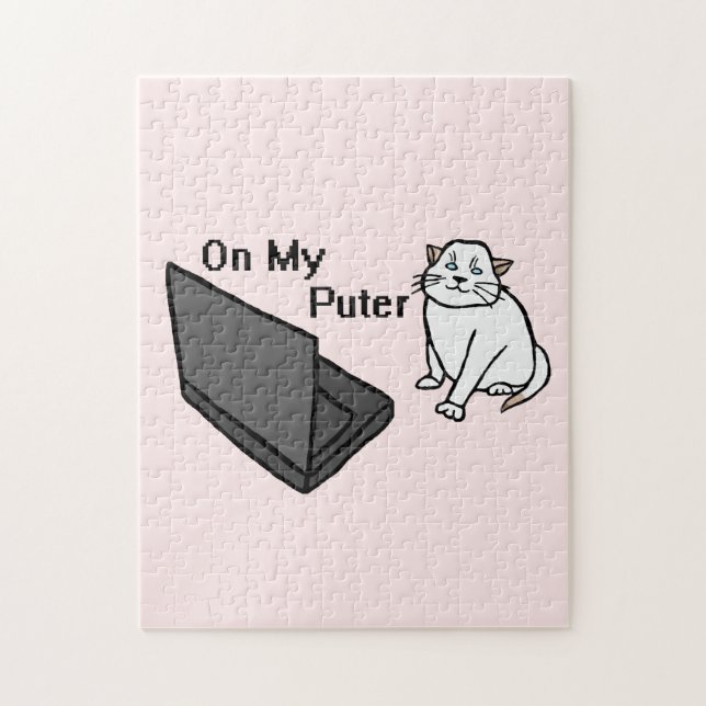 On My Puter Funny Computer White Cat Meme Jigsaw Puzzle (Vertical)