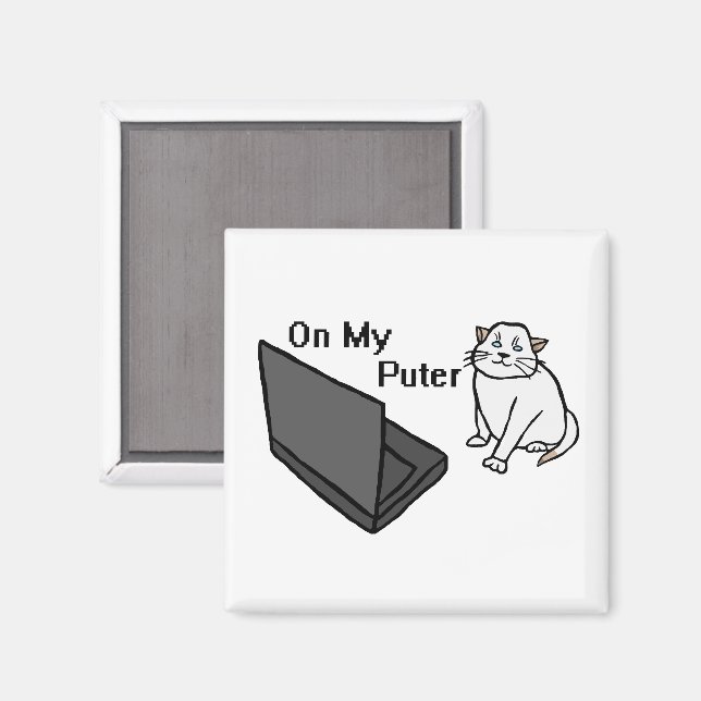 On My Puter Funny Computer White Cat Meme Magnet (Front/Back)