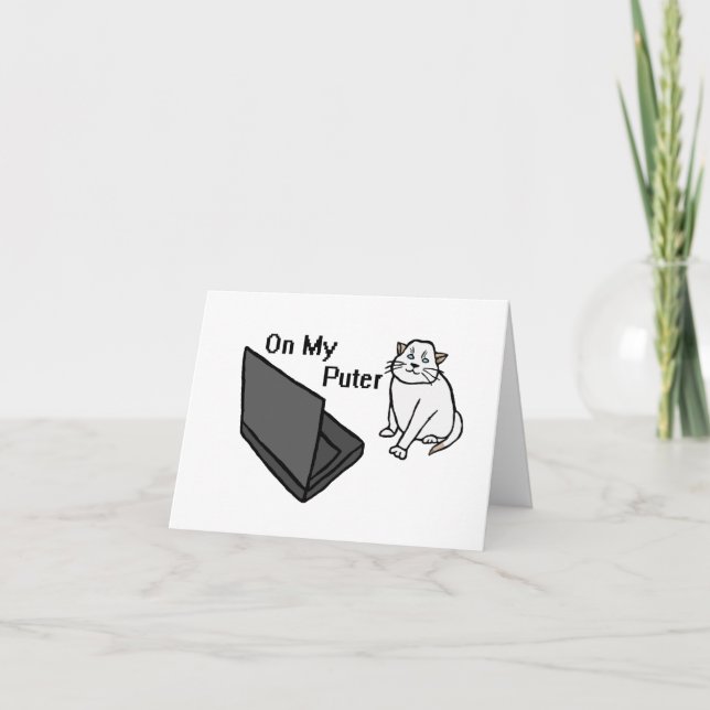 On My Puter Funny Computer White Cat Meme Thank You Card (Front)