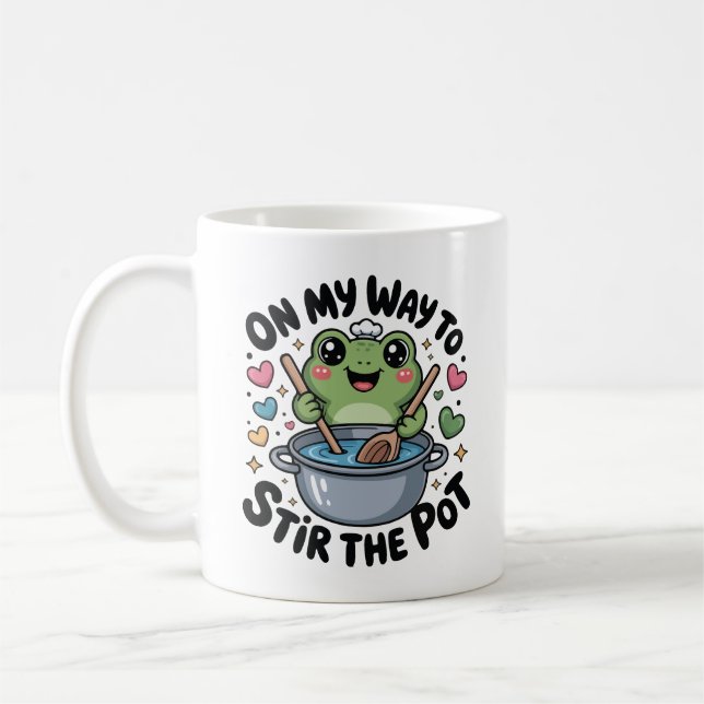 On My Way To Stir The Pot Frog Mischief Humor Coffee Mug (Left)