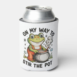 On My Way To Stir The Pot Funny Frog Sarcastic Can Cooler